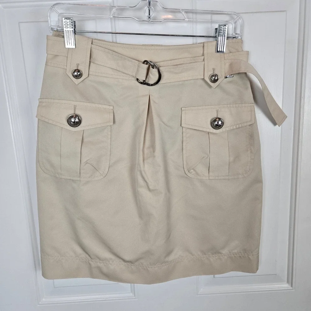 St. John Skirt Women's Size 4 Belted Cargo Pocket Utility Beige Mobwife Military